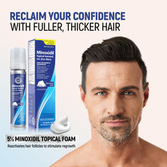 TARO Minoxidil espuma, aplicación en manos para tratamiento diario del cabello.