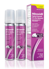 TARO Minoxidil Mousse Topique 5% pour femmes, flacon prêt pour application quotidienne.