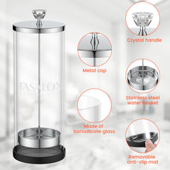 Tasalon Barber Jar con canasta de acero inoxidable desmontable para desinfectar herramientas fácilmente.