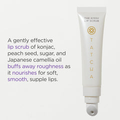 TATCHA Kissu Exfoliante Labial con granulos de semilla de durazno para pulir labios.