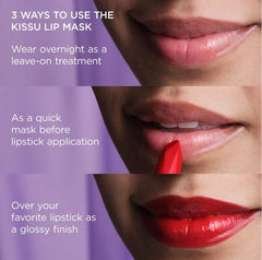 Aplicación nocturna de la mascarilla labial Tatcha Kissu para labios suaves al despertar.