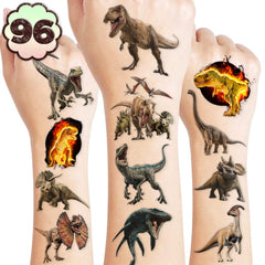 Tatuajes dinosaurios 3D, 96 piezas, ideales para fiestas infantiles.