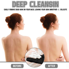 Toallita exfoliante Tatuo para ducha negra, ideal para uso diario.