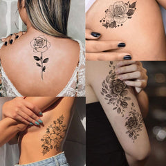 Tazimi tatuaje rosa negra 3D en hombro, detalle elegante para fiestas.