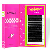 TDANCE cashmere lash extensions on a tray show ultra soft fibers for luxury lash sets.