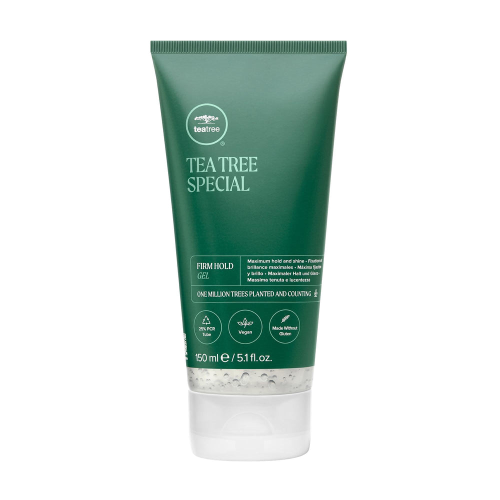 Tea Tree Firm Hold Gel: envase visible, fijación firme para peinado duradero.
