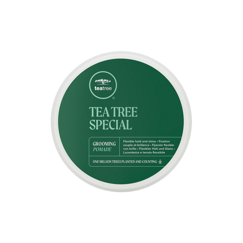 Tea Tree Grooming Pomade: botella y empaque renovado para un aspecto pulido y profesional.