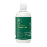 Tea Tree Lemon Sage en bouteille, offre volume léger pour cheveux fins.