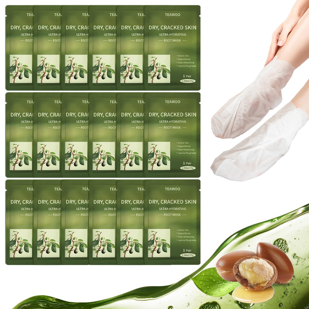 TEAWOO mascarillas para pies: caja de producto, hidratación duradera para piel seca.