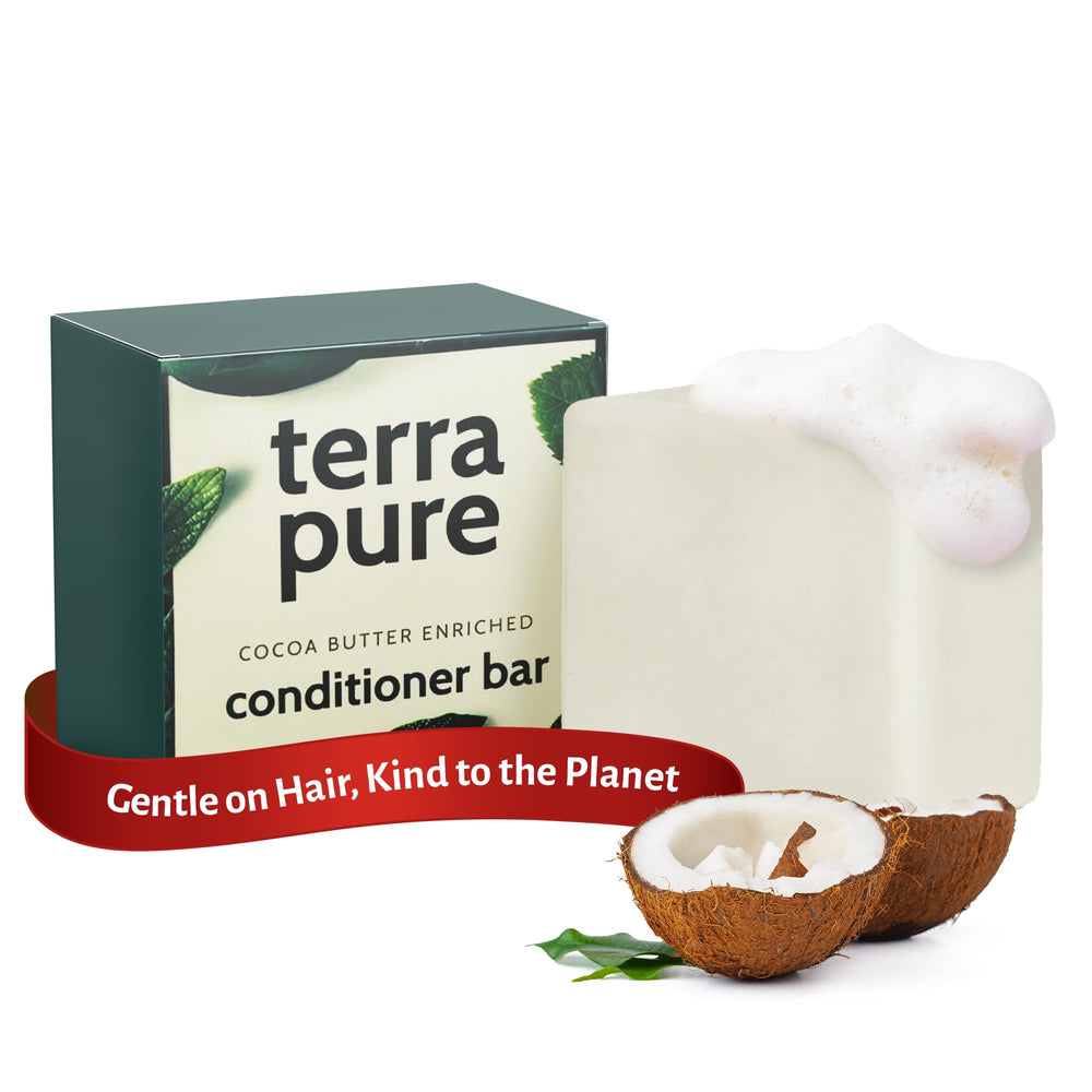 Terra Pure barra de acondicionador con manteca de cacao para suavidad.
