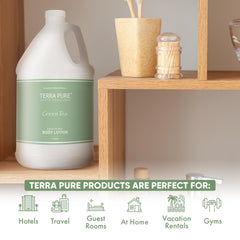 Terra Pure Lotion té verde, ideal para almacenamiento en armarios de hotel.