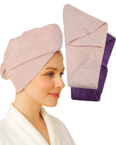 Textila Stores toalla turbante ciruela, absorbe humedad del cabello mojado.