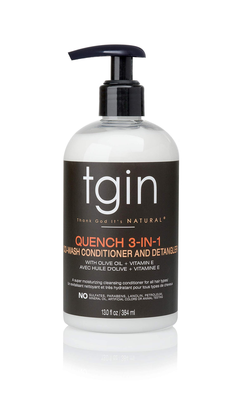 tgin Quench 3-en-1 co-wash, vertiendo la botella para limpieza suave y desenredado