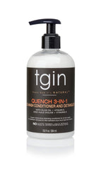 tgin Quench 3-en-1 co-wash, vertiendo la botella para limpieza suave y desenredado