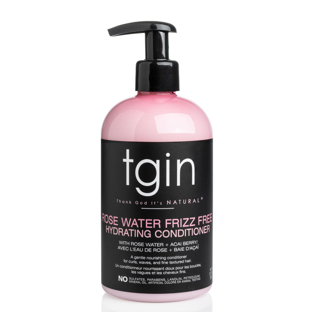 Acondicionador tgin Rose Water en botella aporta hidratación profunda para rizos.