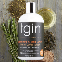 tgin etiqueta del producto con té verde para cuidados diarios