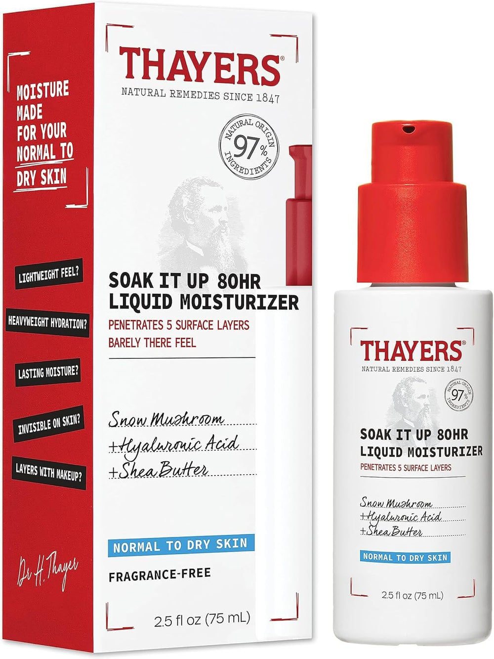THAYERS hidratante 80HR para rostro, textura ligera y absorción rápida.