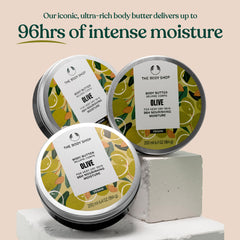 The Body Shop Olive Body Butter, ingredientes clave, aceite de oliva de Italia para hidratación duradera.