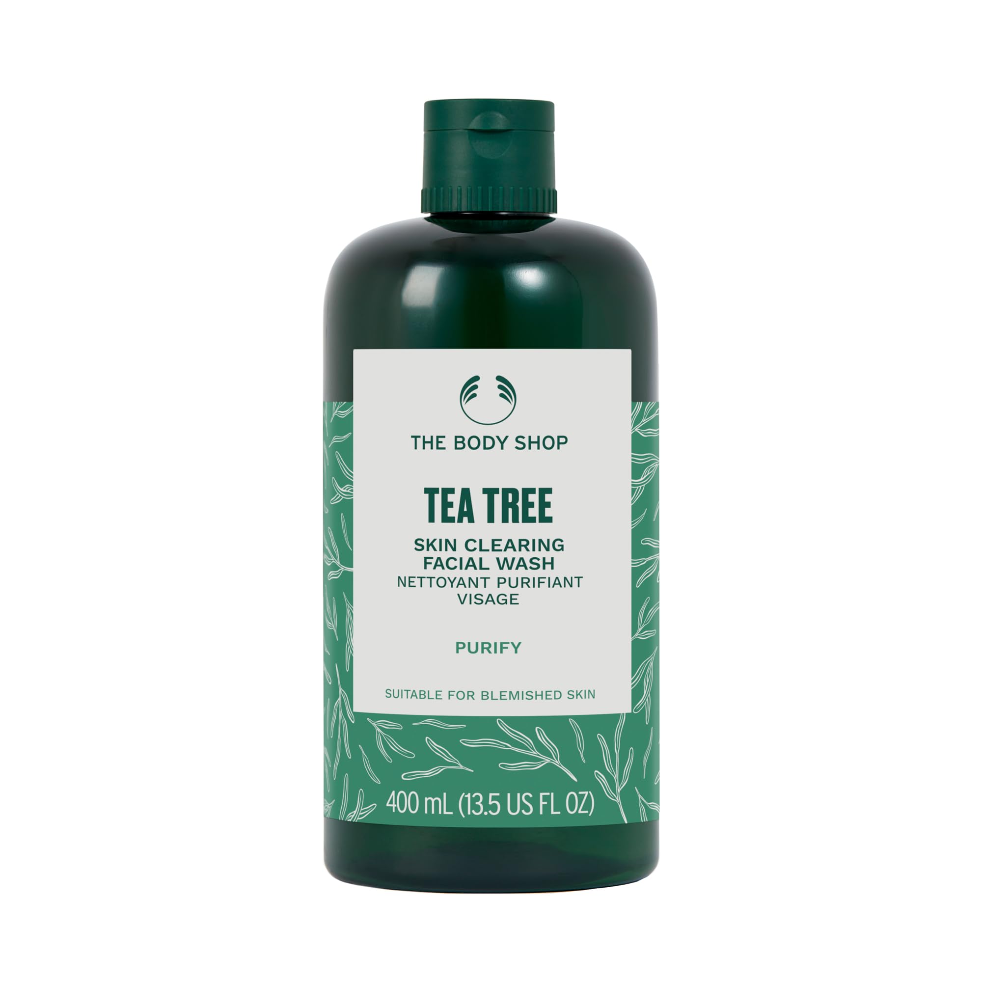 The Body Shop Tea Tree Skin Clearing Facial Wash bottle pour for daily cleansing and oil control.