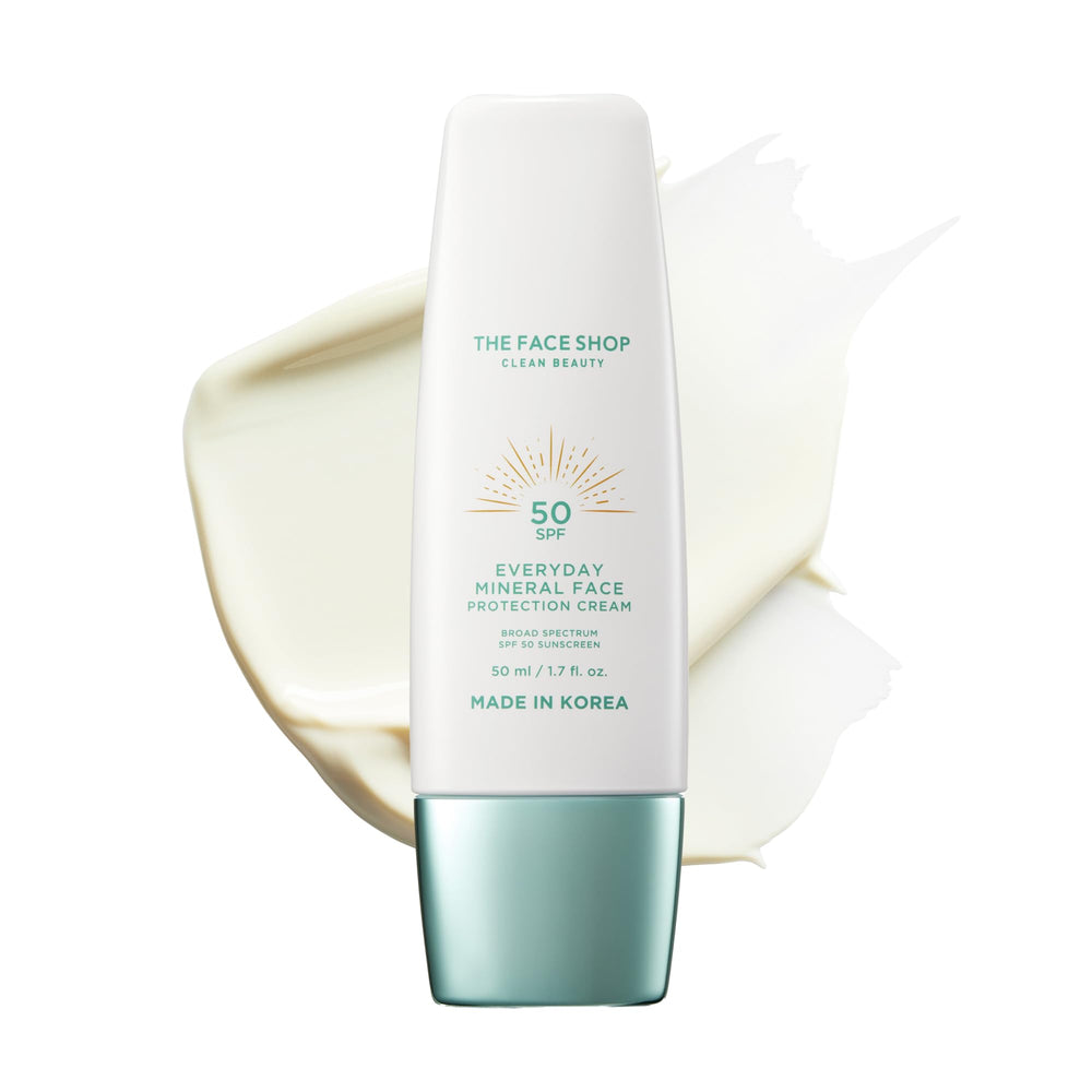 The Face Shop protector solar mineral SPF 50, vista frontal, protección diaria sin rastro blanco y sin perfume
