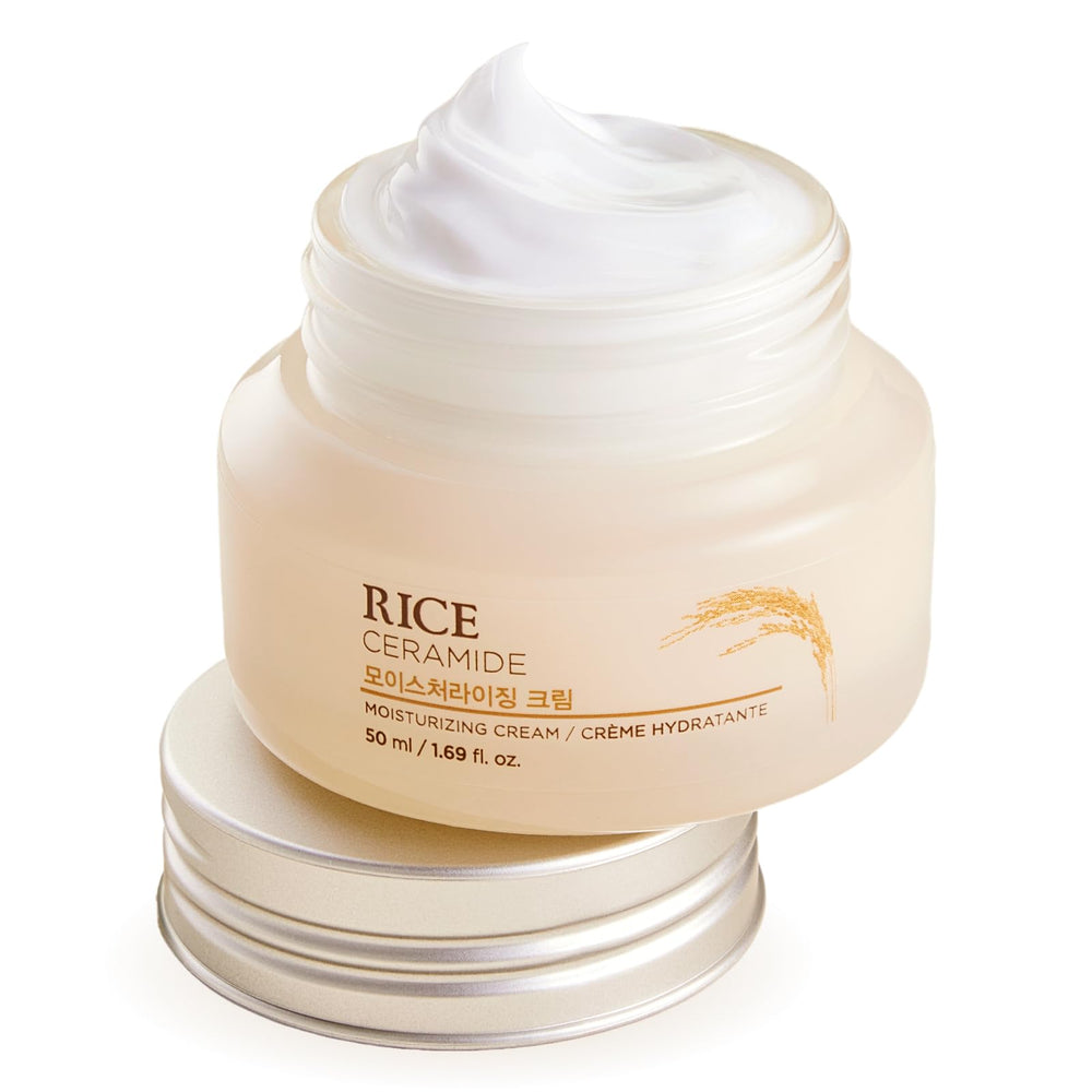 The Face Shop Rice Ceramide Cream en envase, hidratación suave para piel seca