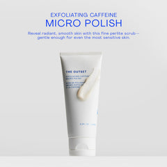 The Outset Exfoliating Caffeine Micro Polish, envase compacto para rutina diaria.