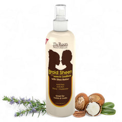 The Roots Naturelle Braid Sheen Brillo para trenzas, botella para brillo y salud capilar.