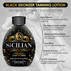 The Sicilian 200X Bronceador con CoQ10 y aceites nutre la piel durante la aplicación.