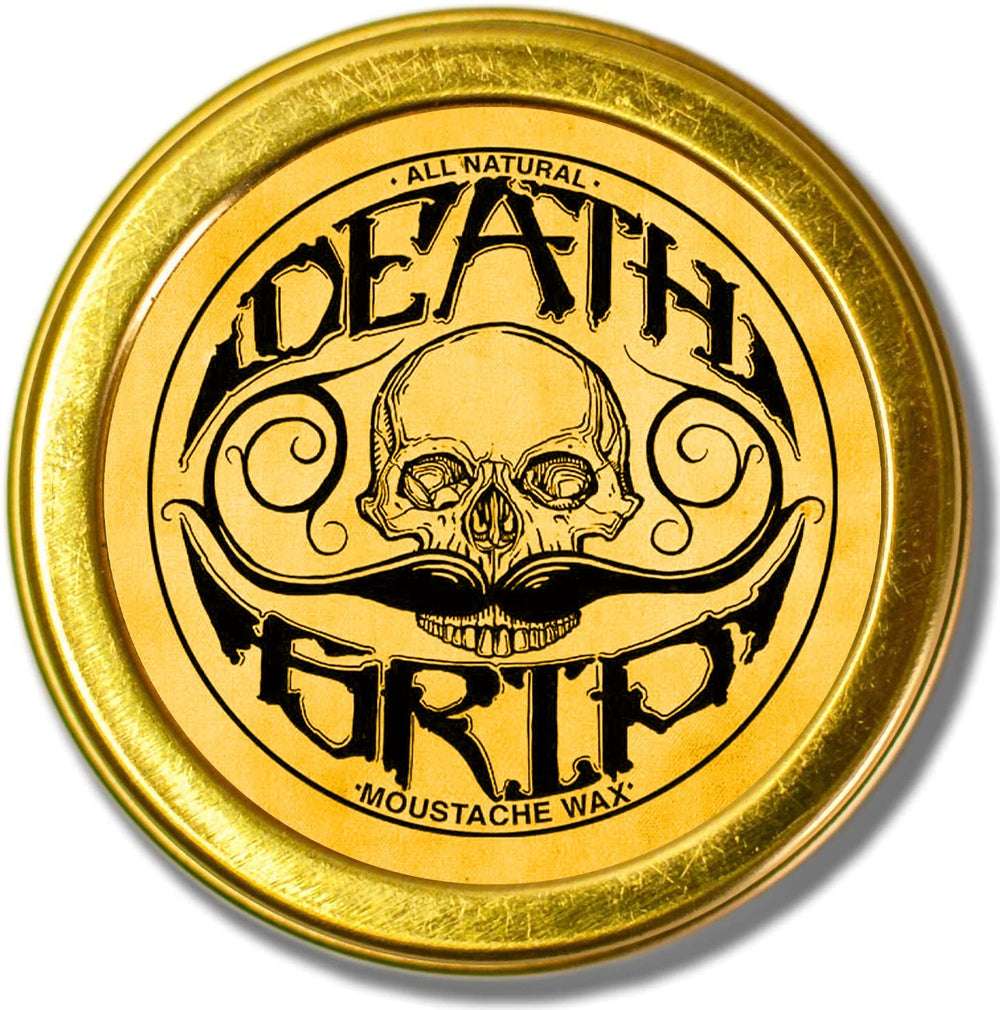 Cera Death Grip de THE VINTAGE GROOMING CO en frasco, fijación fuerte para bigotes.