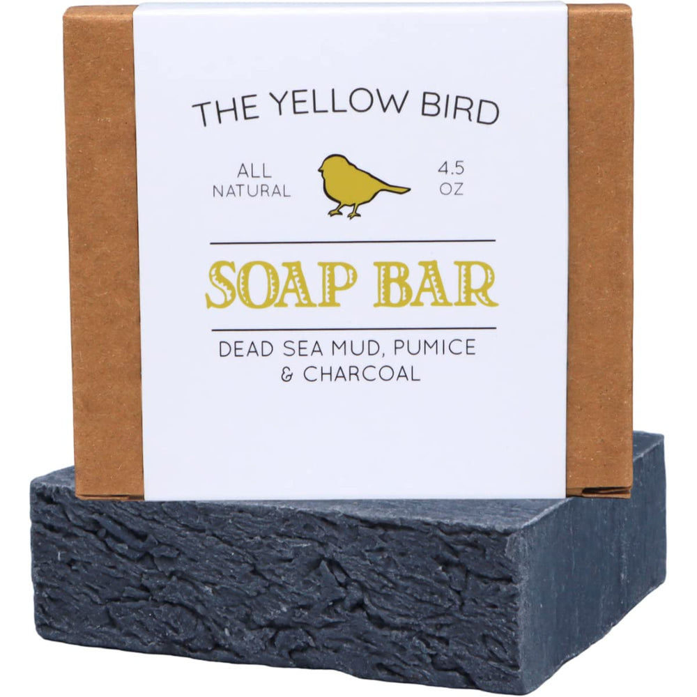 The Yellow Bird Jabon Dead Sea Mud con piedra pómez exfoliante para piel suave.