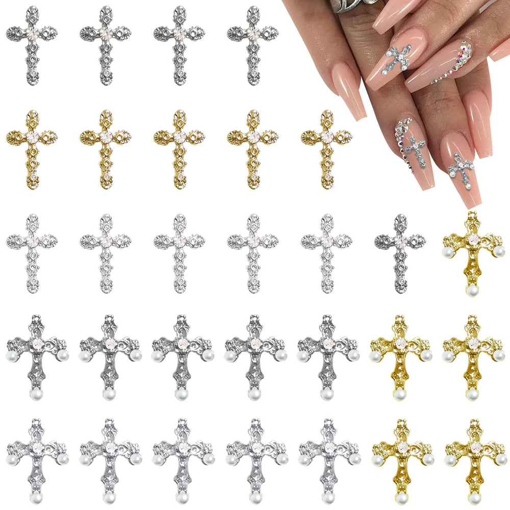 Tianhoudeger cruz 3D para uñas en dorado y plateado, decoración duradera.