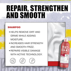 Champú Resurrección Bed Head de TIGI: primeros planos del envase mostrando tecnología de reparación.