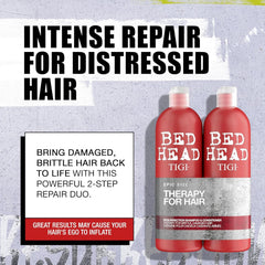 Champú Resurrección Bed Head de TIGI: etiqueta visible en la botella para fortalecimiento y suavidad.