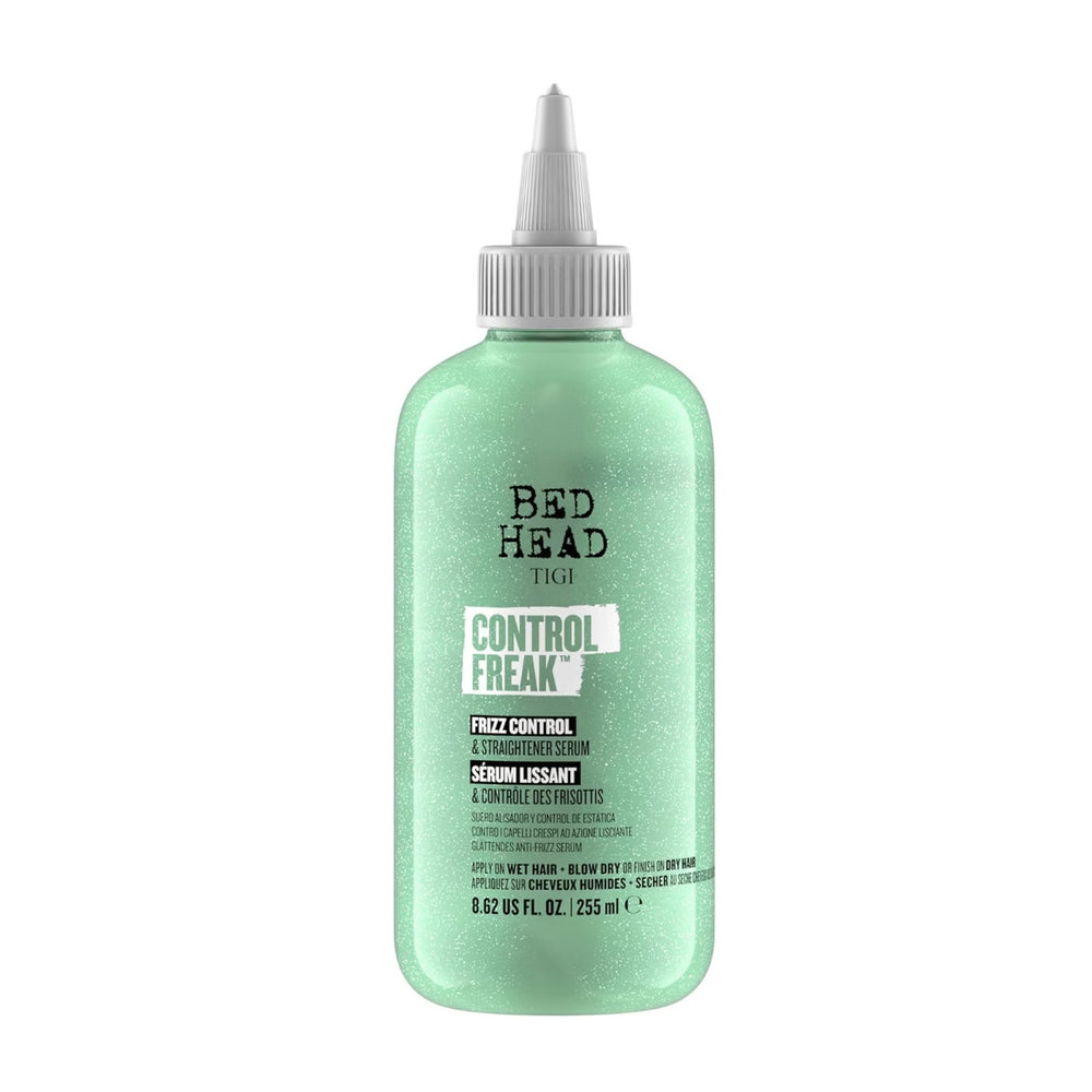 TIGI Control Freak serum muestra la botella y la rápida aplicación para control del frizz