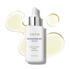 Sérum TIRTIR Niacinamide 20% en bouteille pompe pour un teint uniforme.