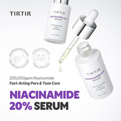Goutte de TIRTIR Niacinamide 20% appliquée sur peau pour teint plus homogène.