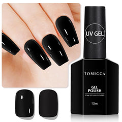 Esmalte gel negro TOMICCA 15 ml ofrece color intenso y duradero para uñas elegantes.