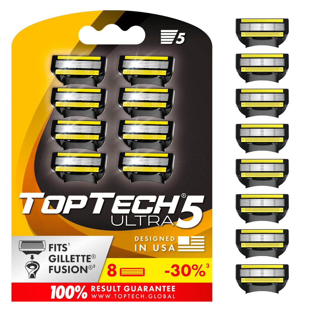 TopTech Ultra 5 maquinilla frente, afeitado limpio y preciso.