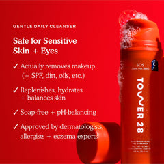 Tower 28 SOS Gel Cleanser label closeup highlights a clean, gentle formula for sensitive eyes.