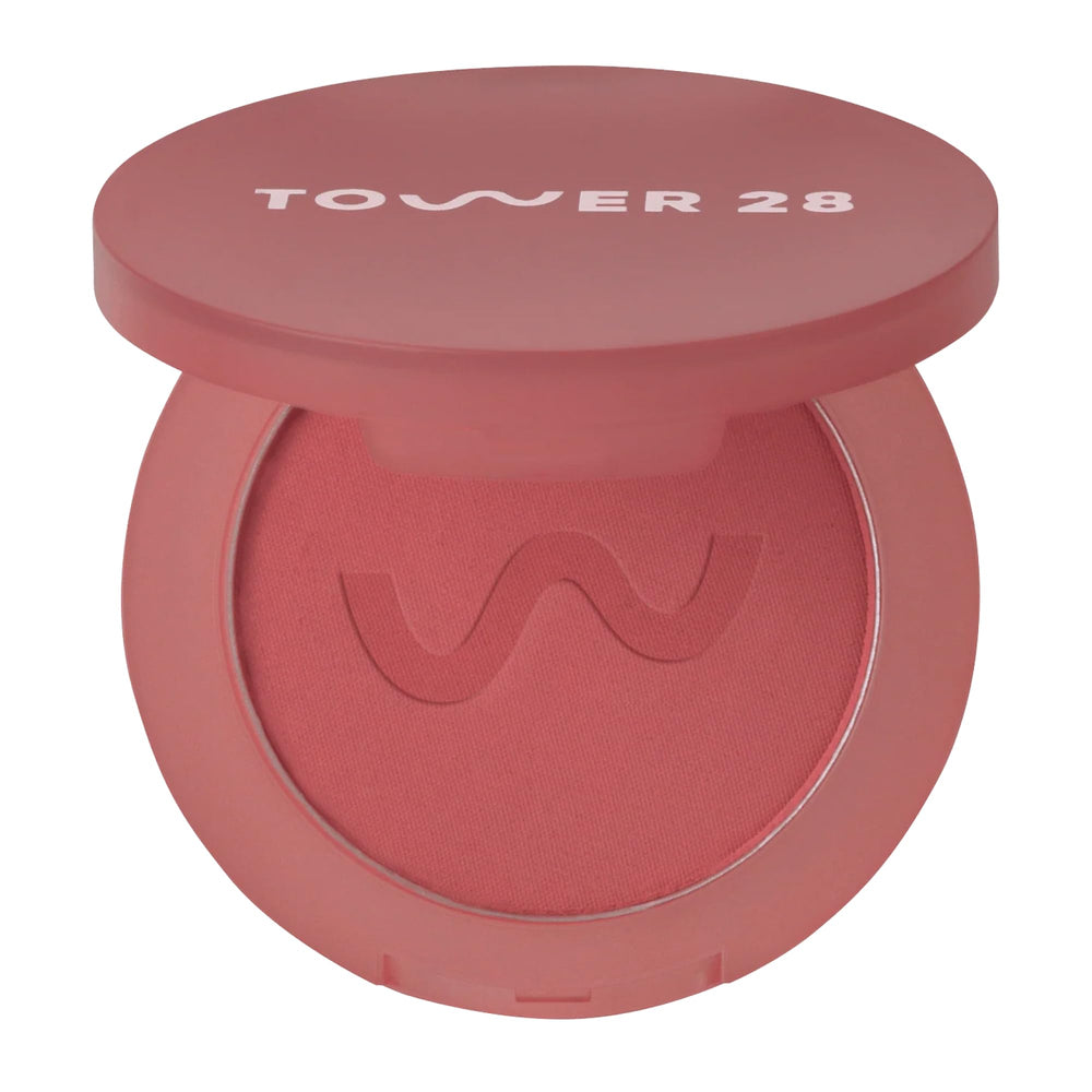 Tower 28 GetSet Matte Powder Blush packaging in Sawtelle Slushie showing fade-proof color
