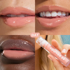 Tower 28 ShineOn Lip Jelly OAT applying en labios, brillo suave para un aspecto natural.