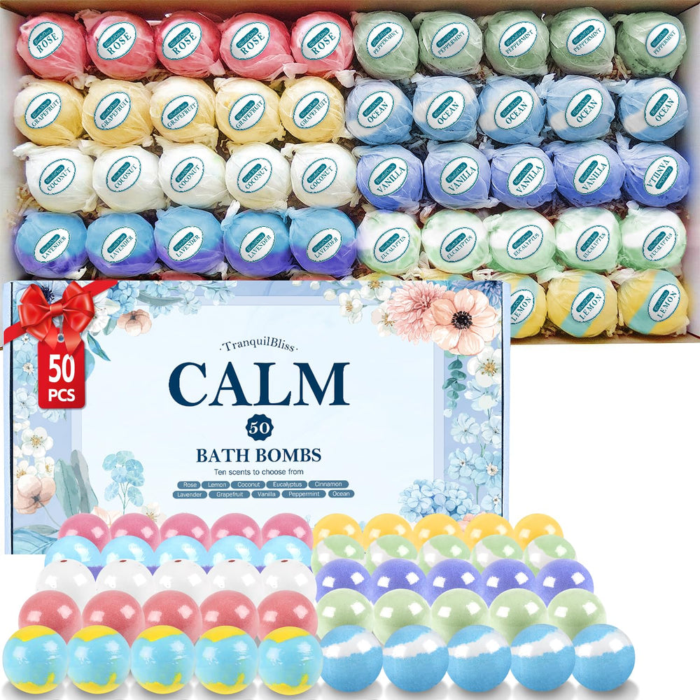 Bombas de baño TranquilBliss: set de 50 unidades para baño relajante y cuidado de la piel.