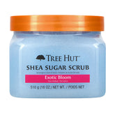 Tree Hut Exotic Bloom exfoliante corporal en envase; azúcar real para una piel suave.
