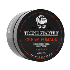 TRENDSTARTER Cream Pomade 2oz travel jar, flexible all-day hold for any look.