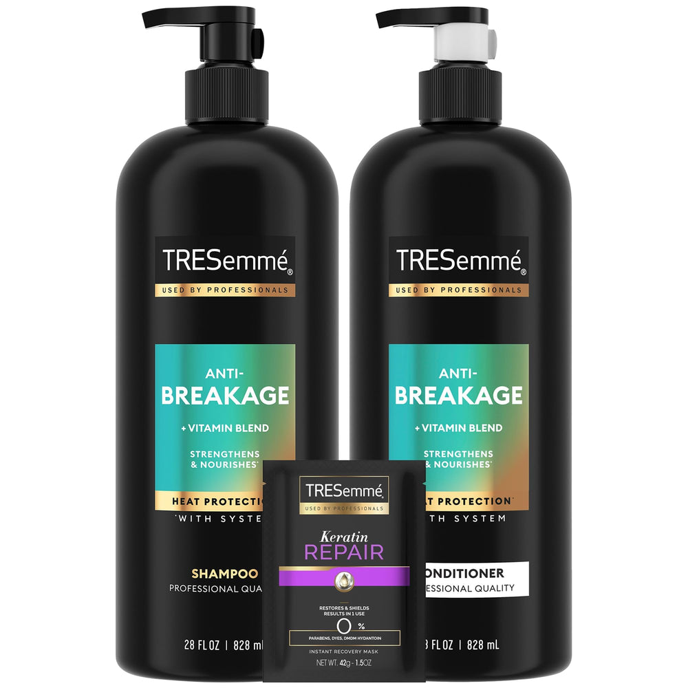 TRESemmé Anti-Breakage Shampoo bottle highlighting smooth, manageable hair benefits.