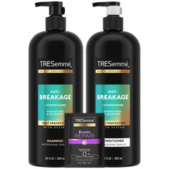 TRESemmé Anti-Breakage Shampoo bottle highlighting smooth, manageable hair benefits.