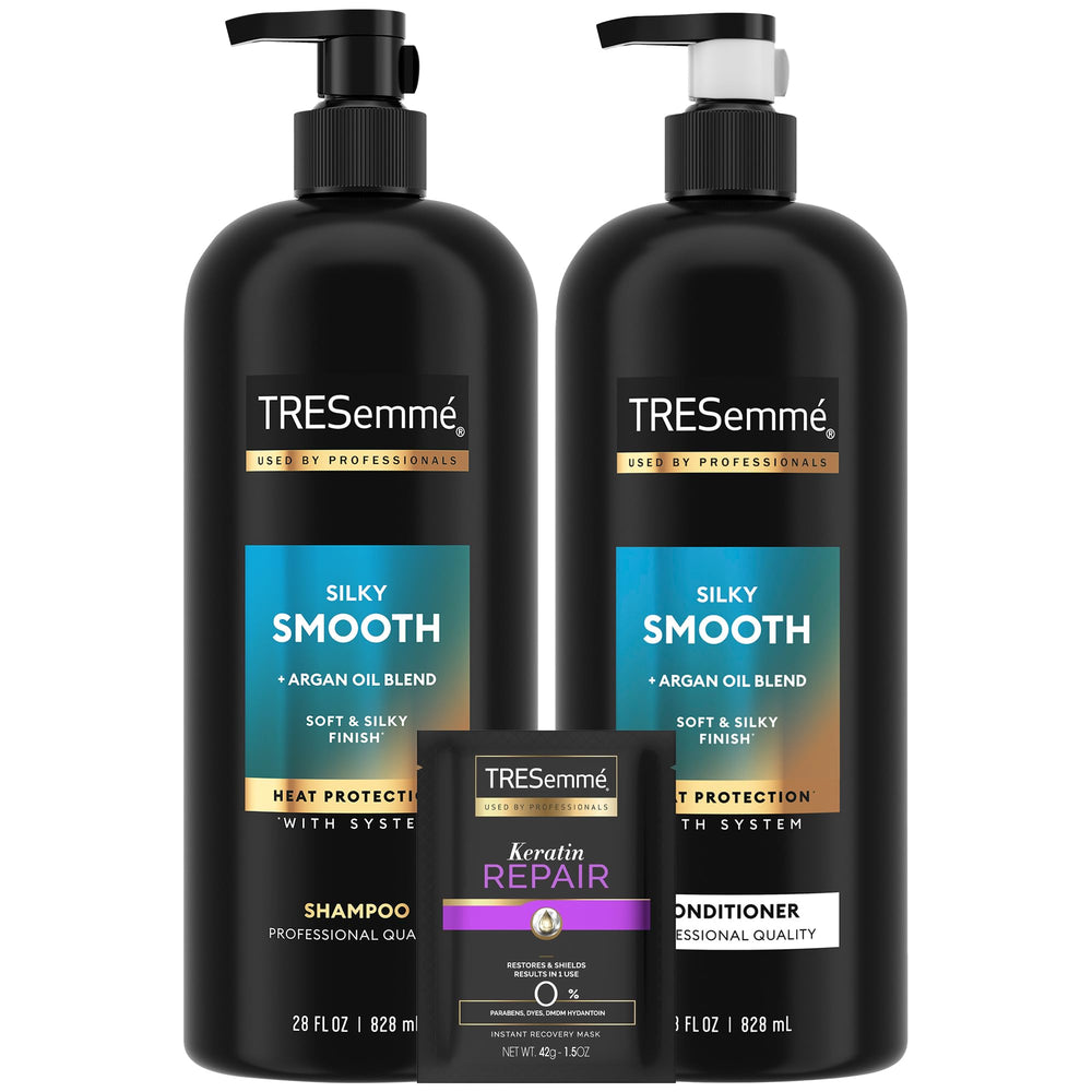 TRESemmé shampoo bottle close-up highlights silky hair benefits.