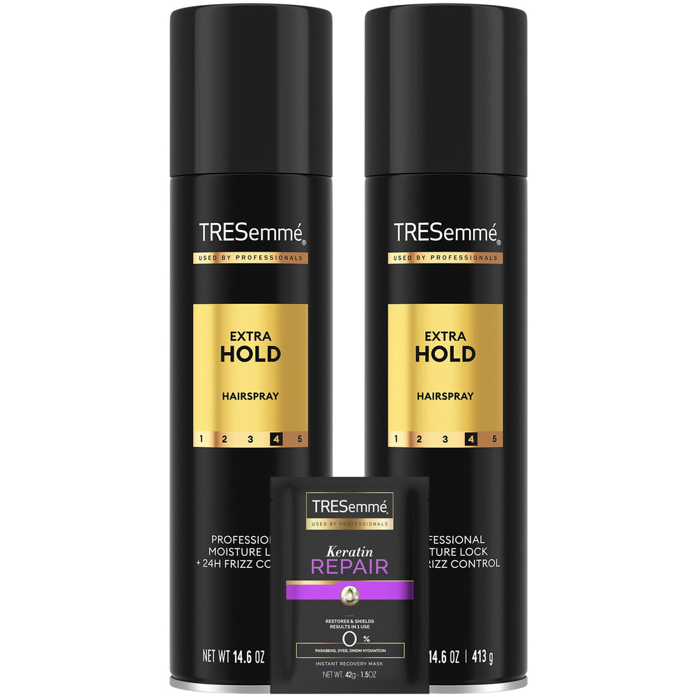 Spray fixant Extra Fort de TRESemmé sur bouteille, tenue durable.