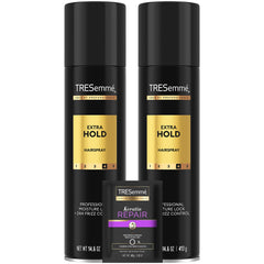 Spray fixant Extra Fort de TRESemmé sur bouteille, tenue durable.