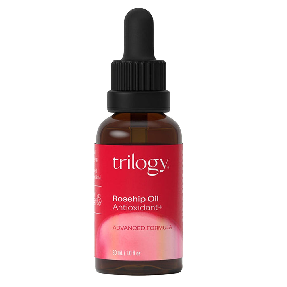 Trilogy Aceite Rosa Mosqueta en botella, cuidado nutritivo para la piel.